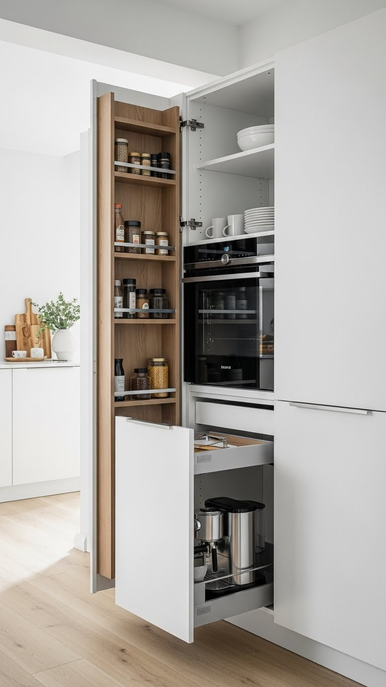 Floor-to-ceiling storage wall in compact kitchen with pull-out pantries and integrated appliance garages for organization