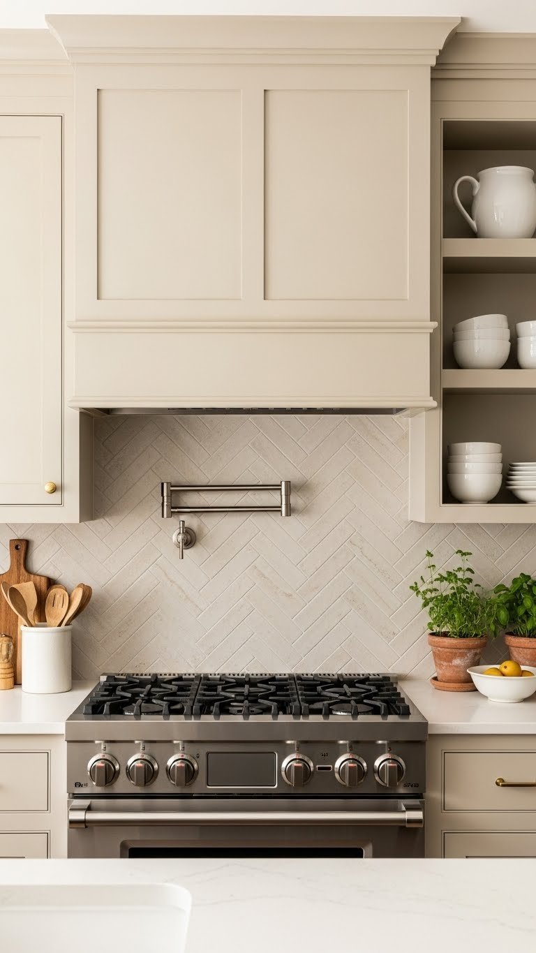 Floor-to-ceiling subway tile backsplash in herringbone pattern behind compact range in beige kitchen