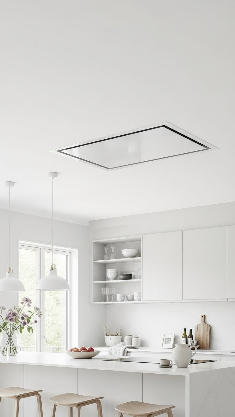 Flush mount ceiling hood seamlessly blending into white ceiling above minimalist kitchen island.