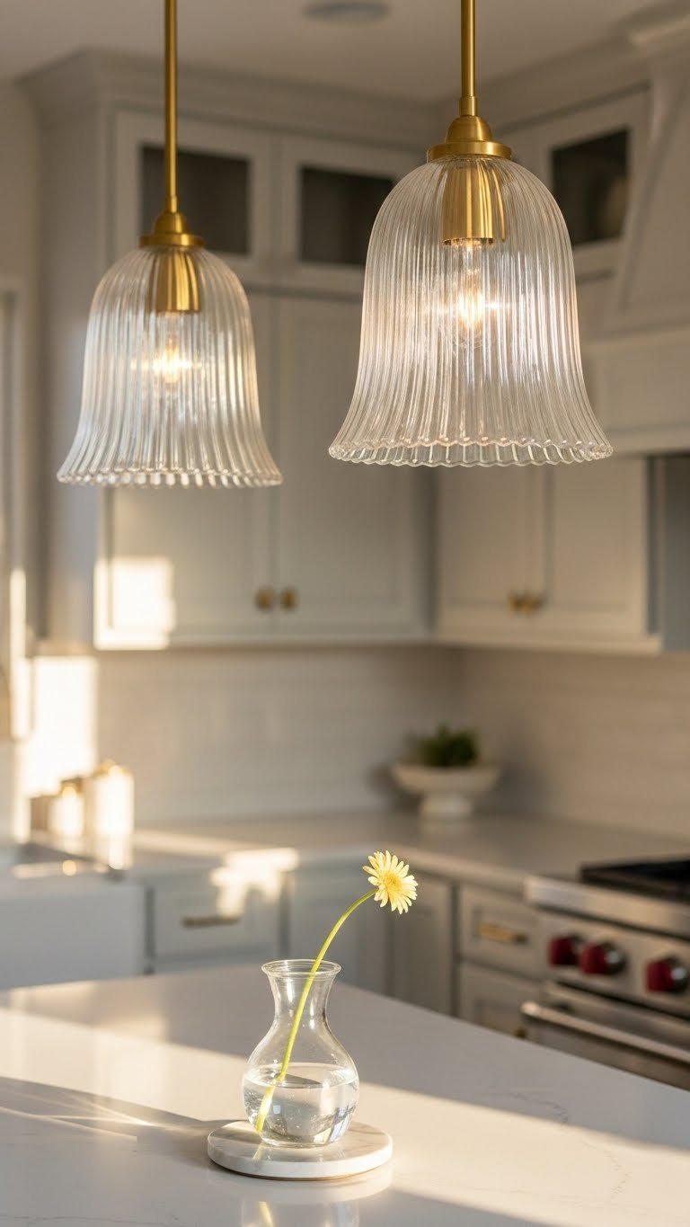 Fluted glass bell pendant light with textured vertical fluting hanging elegantly over light quartz countertop