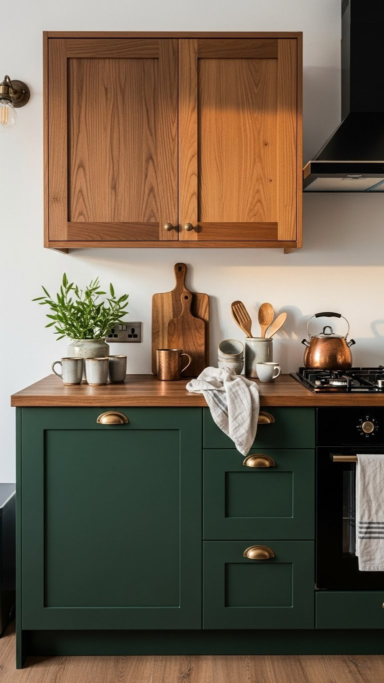 Forest green lower cabinets with natural wood upper cabinets exuding rustic modern charm with copper cookware