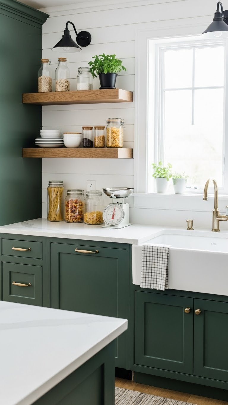 Forest green shaker cabinets with white apron sink and open wooden shelving displaying pasta jars and herbs