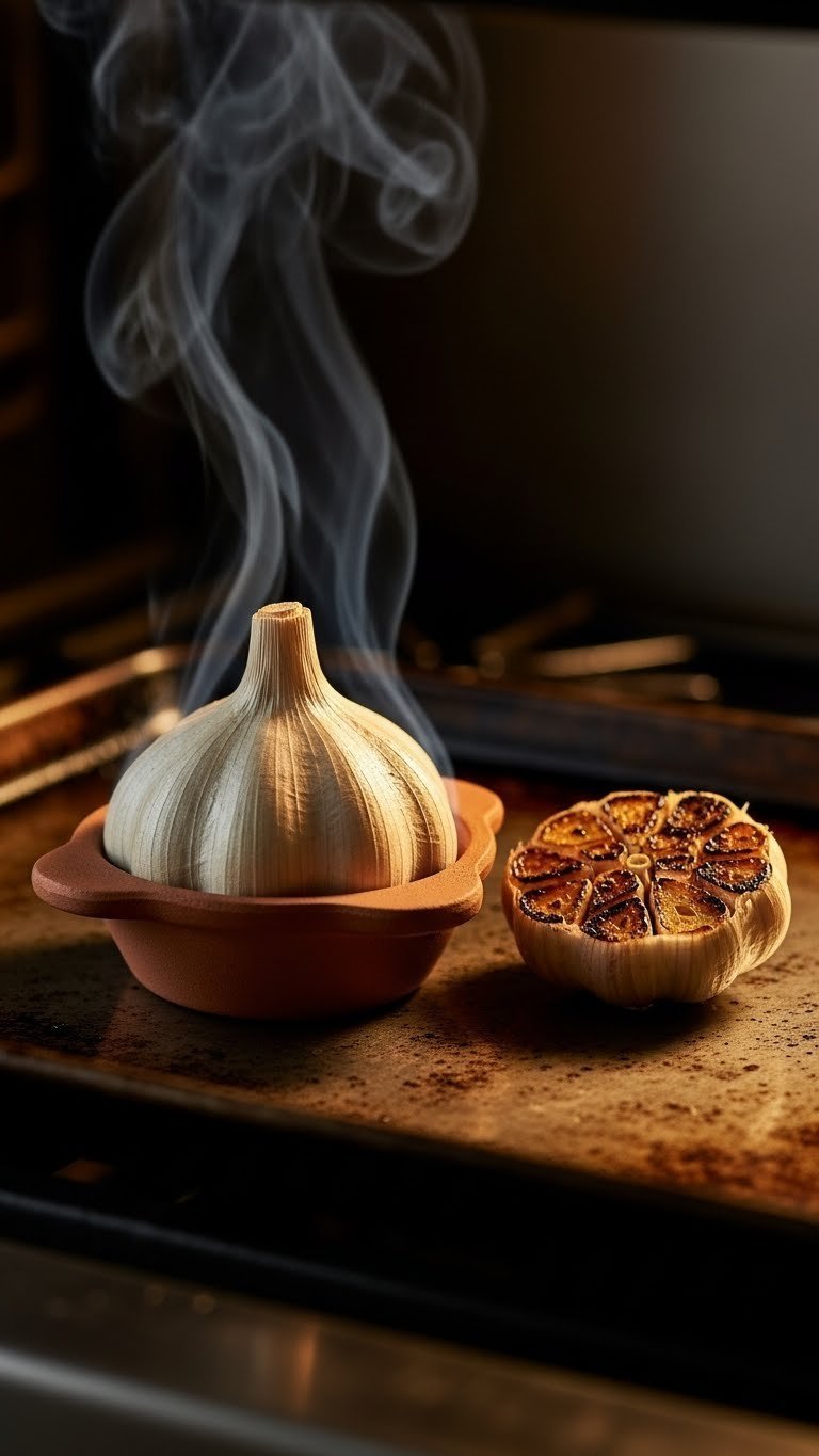 Forged iron garlic roaster with roasted garlic on baking sheet fresh from oven