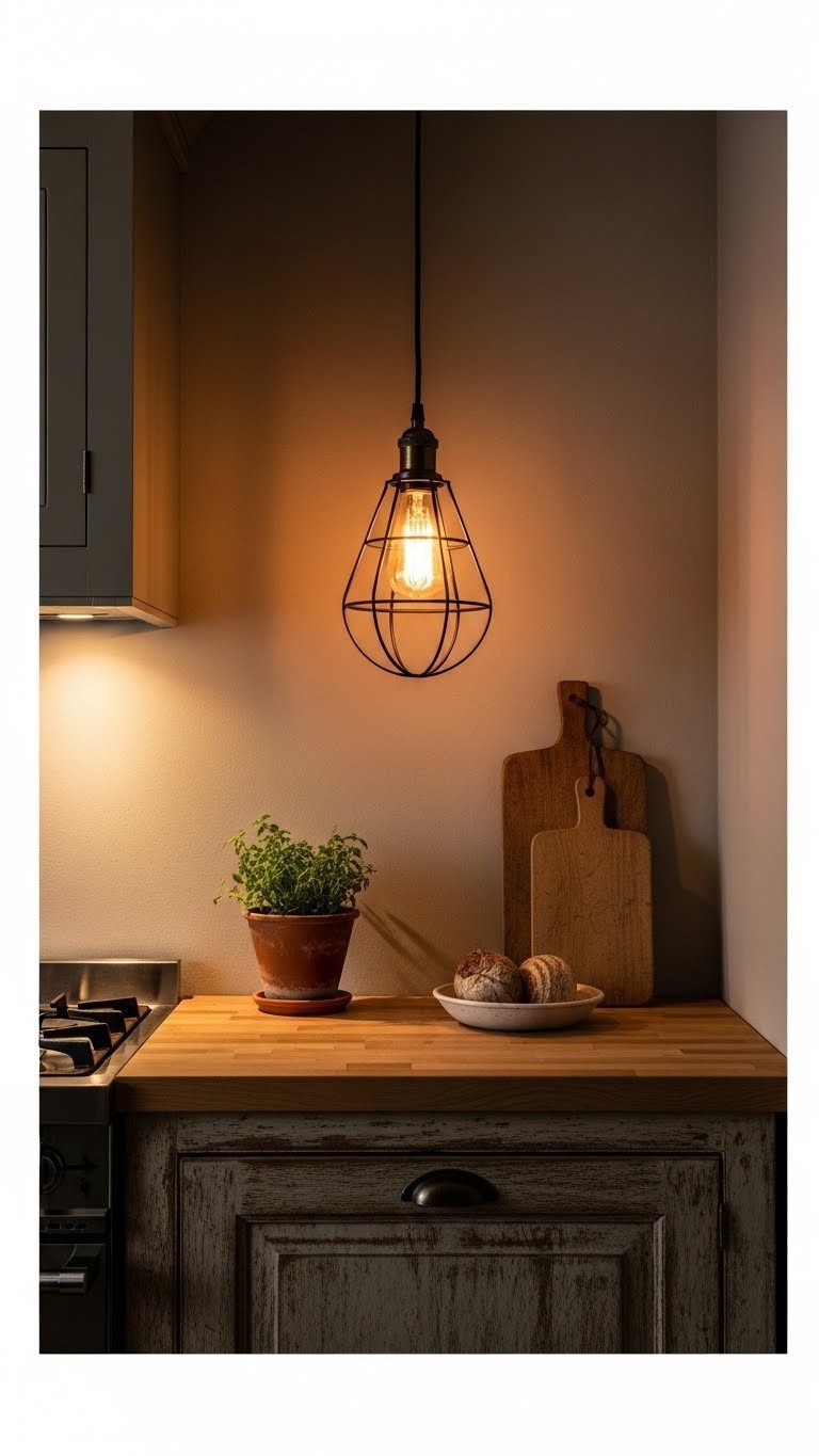 Forged iron pendant light fixture with warm Edison bulb casting glow over rustic butcher block countertop.