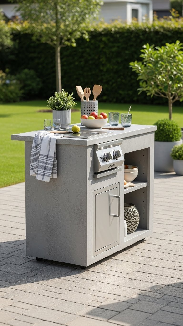 Small Outdoor Kitchen: 11 Smart Designs To Maximize Your Space 19 Freestanding outdoor kitchen island with grill and prep counter on neutral paver patio