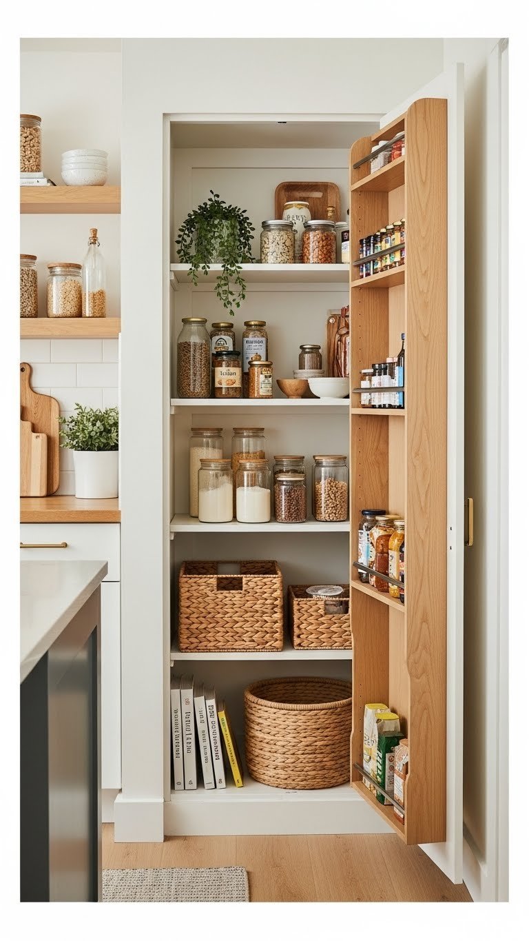 Freestanding pantry nook with open shelving unit filled with aesthetic food items and kitchenware as furniture piece.