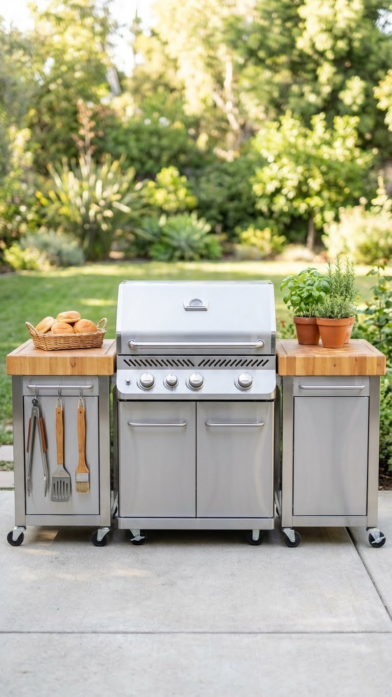 Outdoor Kitchen Patio Ideas 11 Proven Designs For Any Space 3 Freestanding stainless steel gas grill station with butcher block prep carts on clean concrete patio
