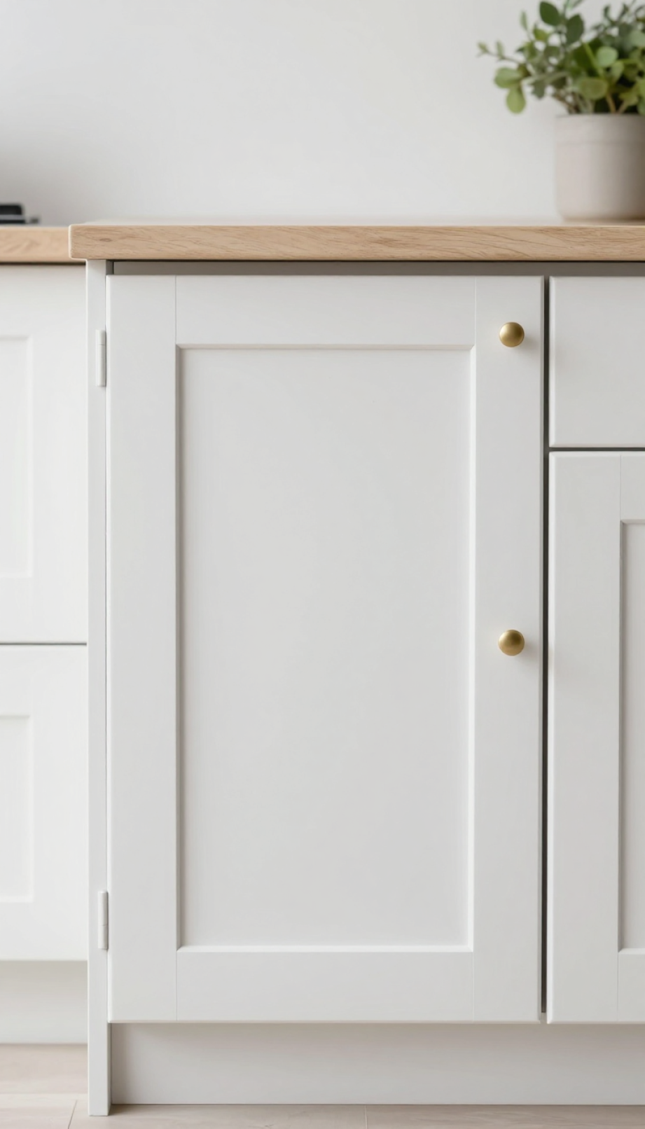 Freshly painted light-colored small kitchen cabinet door with new hardware in bright natural lighting against soft bokeh background.