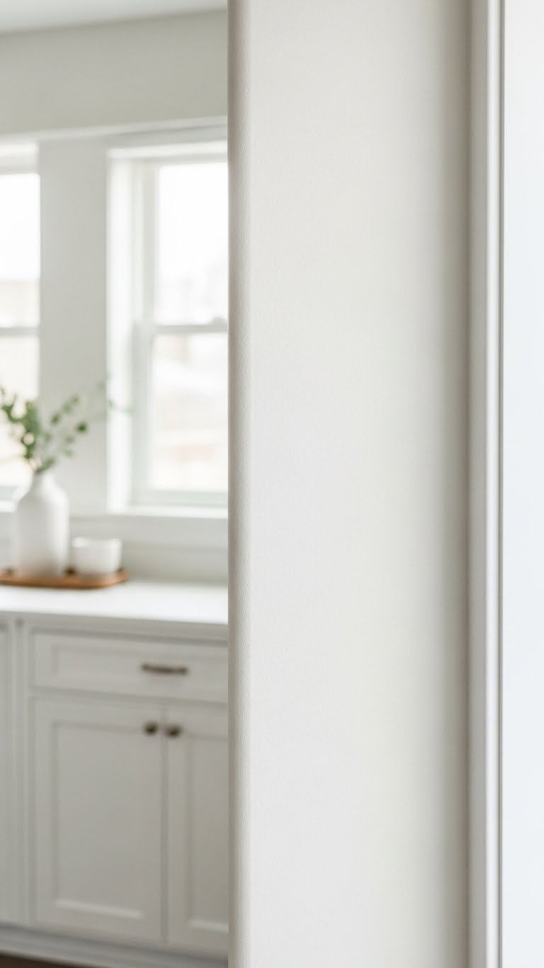 Freshly painted white kitchen wall showcasing texture variations and natural light interaction near window