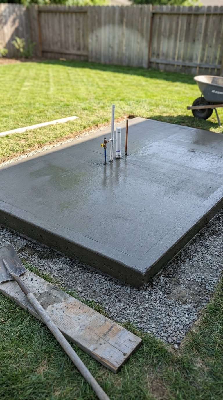 Outdoor Kitchen With Blackstone Griddle Complete Build Guide 3 Freshly poured concrete slab foundation for outdoor kitchen with utility pipes stubbed up in backyard