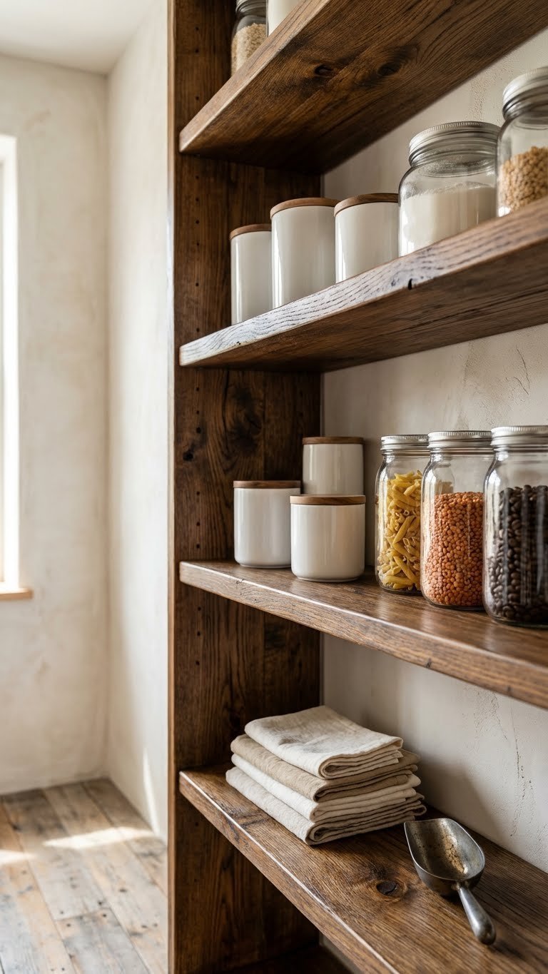 Freshly refinished smooth wooden shelves with a rich rustic stain, neatly stocked with white ceramic canisters and glass containers.