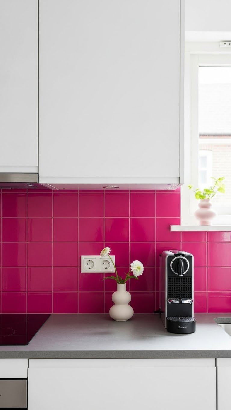 Proven Pink Small Kitchen Ideas: 9 Ways To Maximize Space 9 Fuchsia pink square tile backsplash contrasting with white cabinets and dark grey countertop in kitchen.