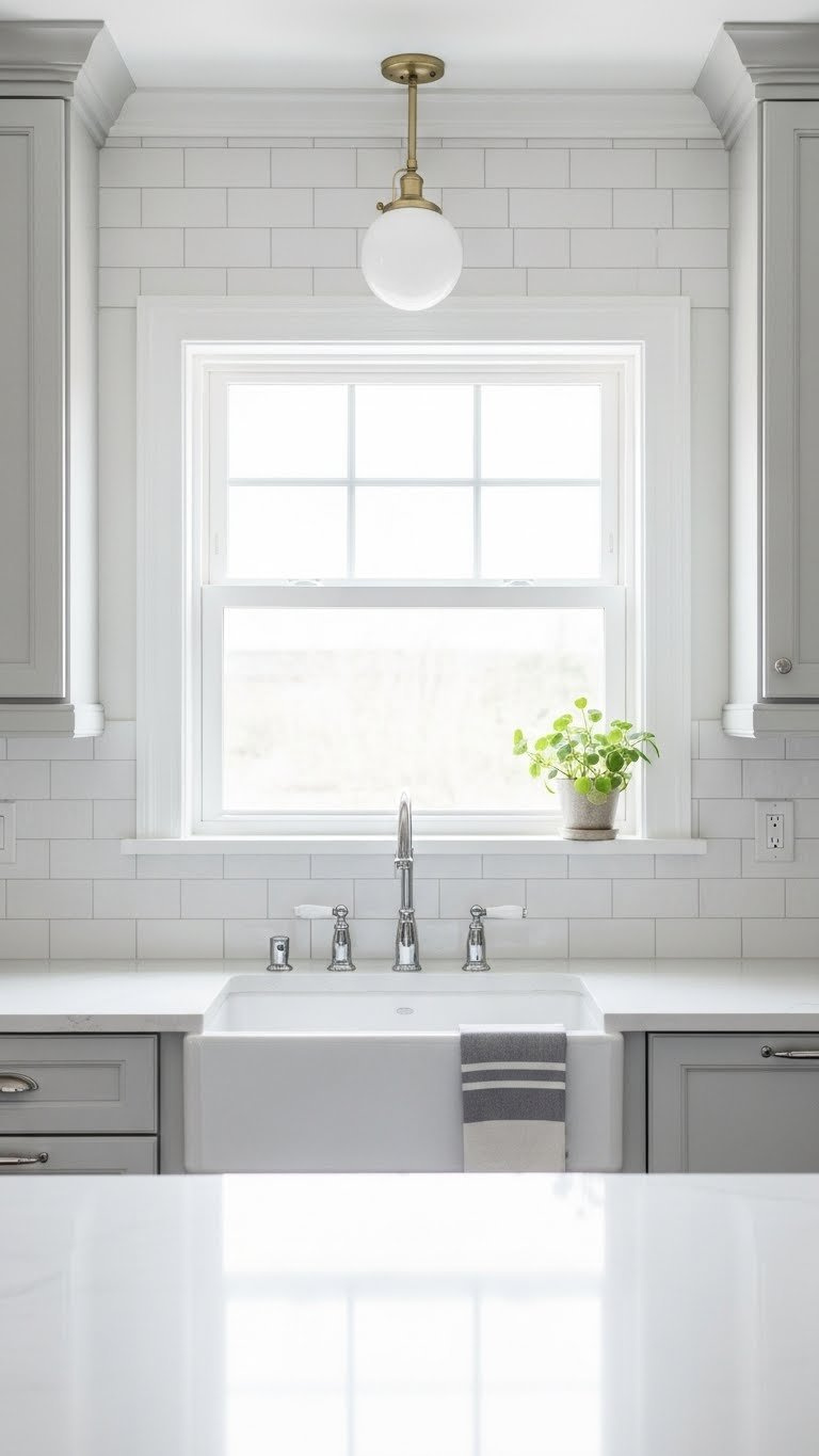 Full-height subway tile backsplash with large window over farmhouse sink creating spacious kitchen aesthetic