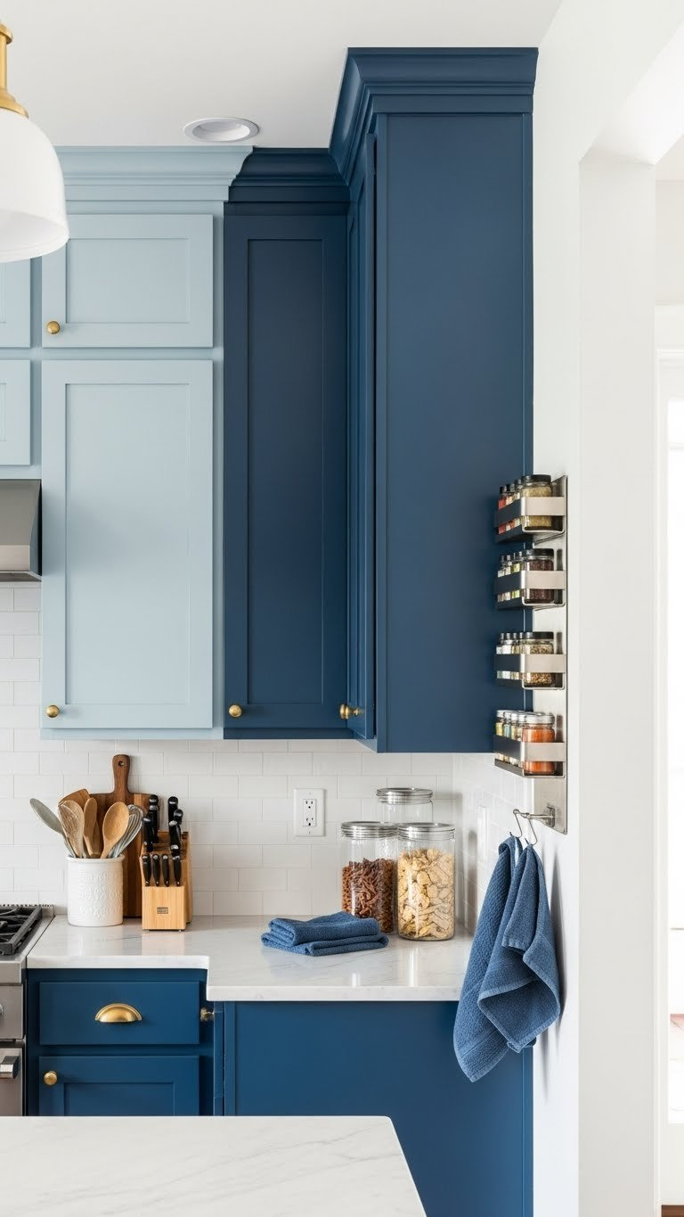 Full-overlay navy blue pantry cabinet extending to ceiling with efficient vertical storage in small kitchen.