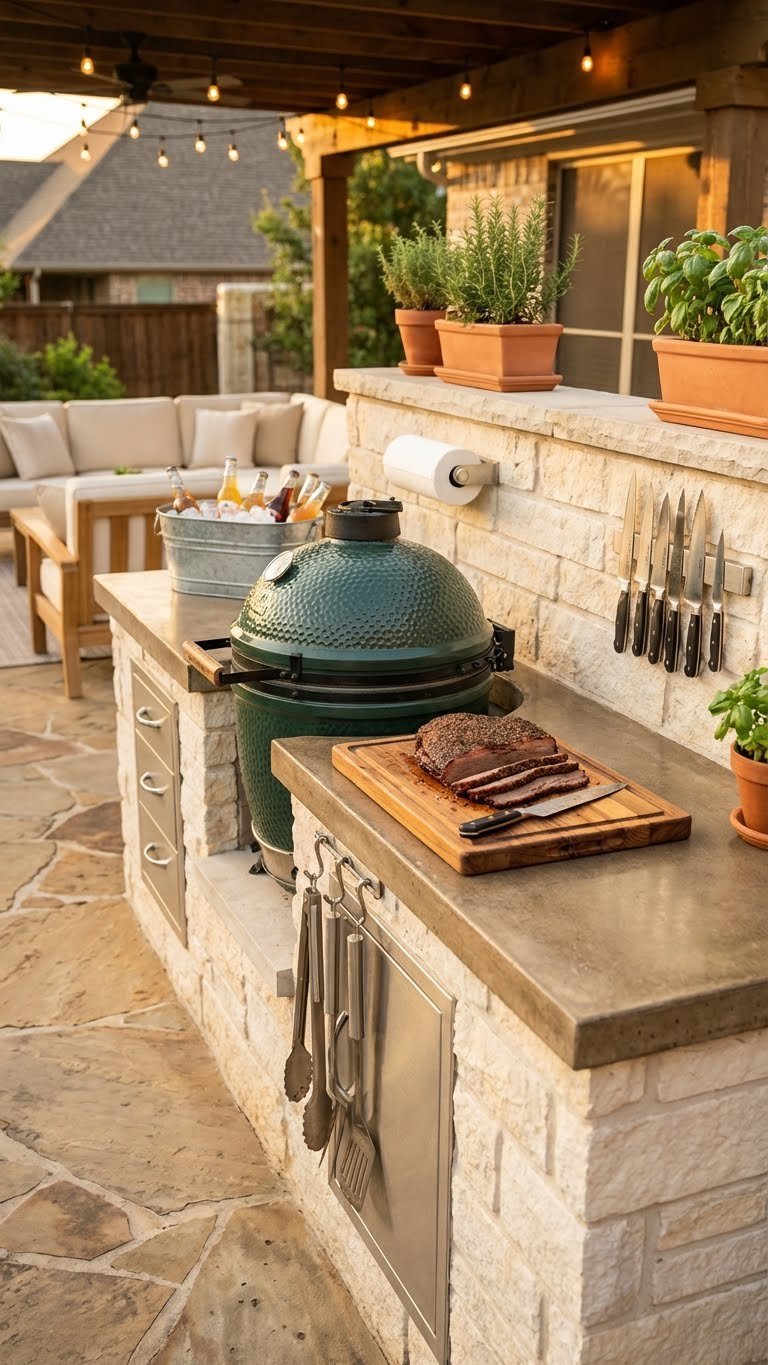 Outdoor Kitchen With Green Egg Design Build Cost Guide 15 Fully accessorized outdoor kitchen with Big Green Egg centerpiece, grill tools, and prepared brisket on cutting board