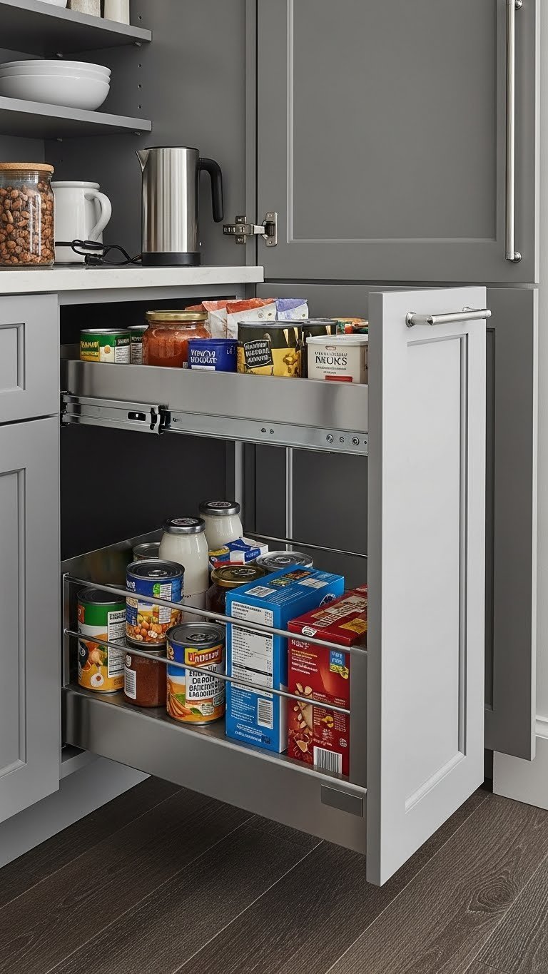 9 Genius Kitchen Pantry Storage Ideas To Organize Everything 9 Fully extended stainless steel pull-out drawer in a deep kitchen pantry cabinet, organizing canned goods and small appliances for easy access.
