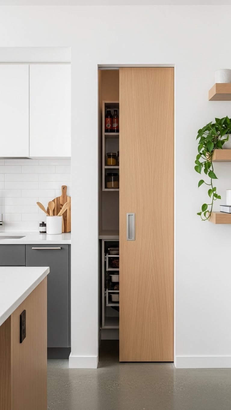 Fully open light wood recessed pocket pantry door disappears into a modern small kitchen wall, revealing an organized, space-saving pantry.