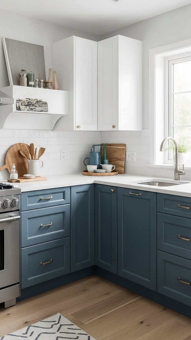 Functional L-shaped kitchen layout in small enclosed space with efficient corner storage and monochromatic blue-white scheme.