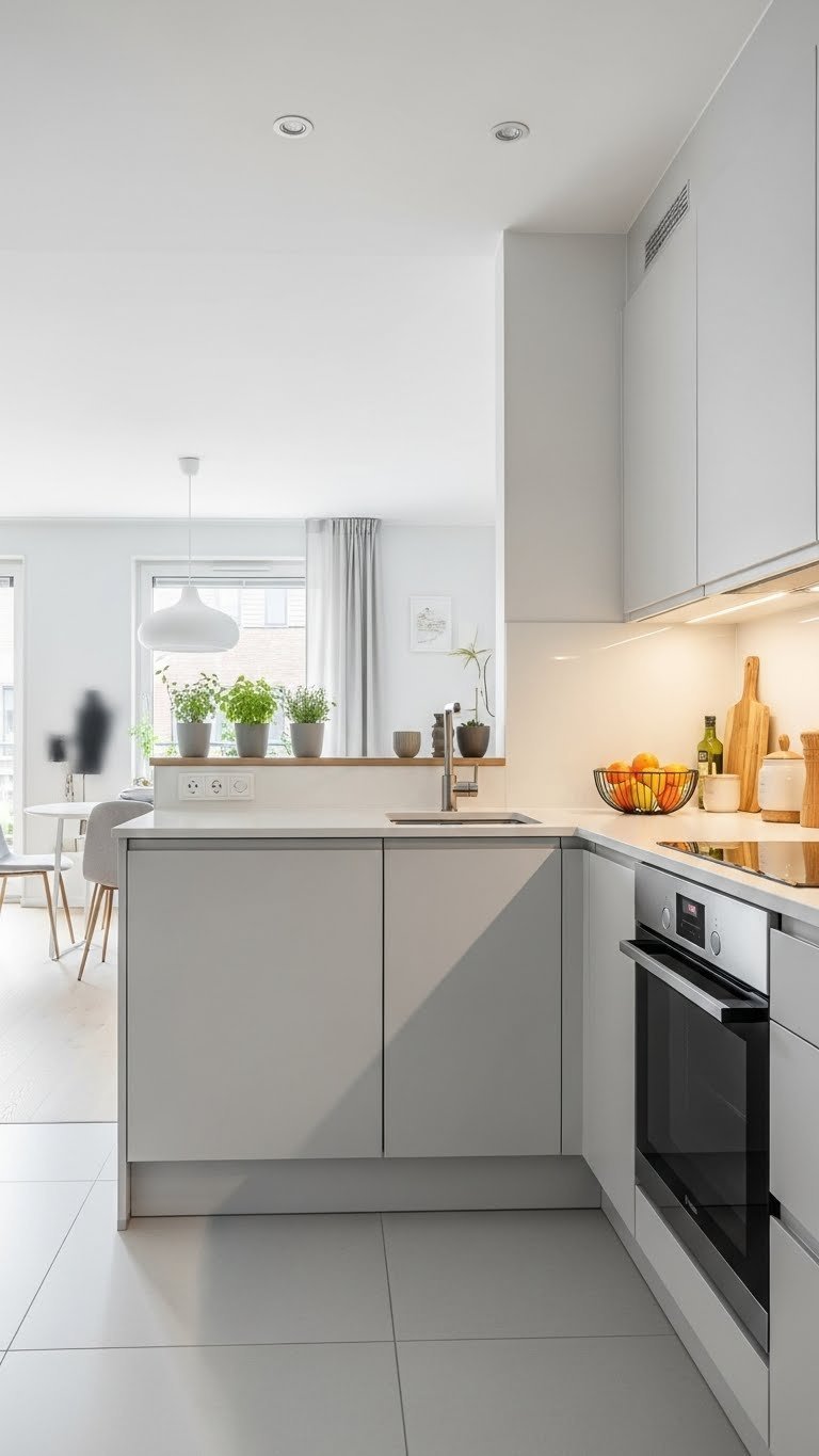 Functional L-shaped kitchen layout in small open-plan space with ample counter space and transitional flooring