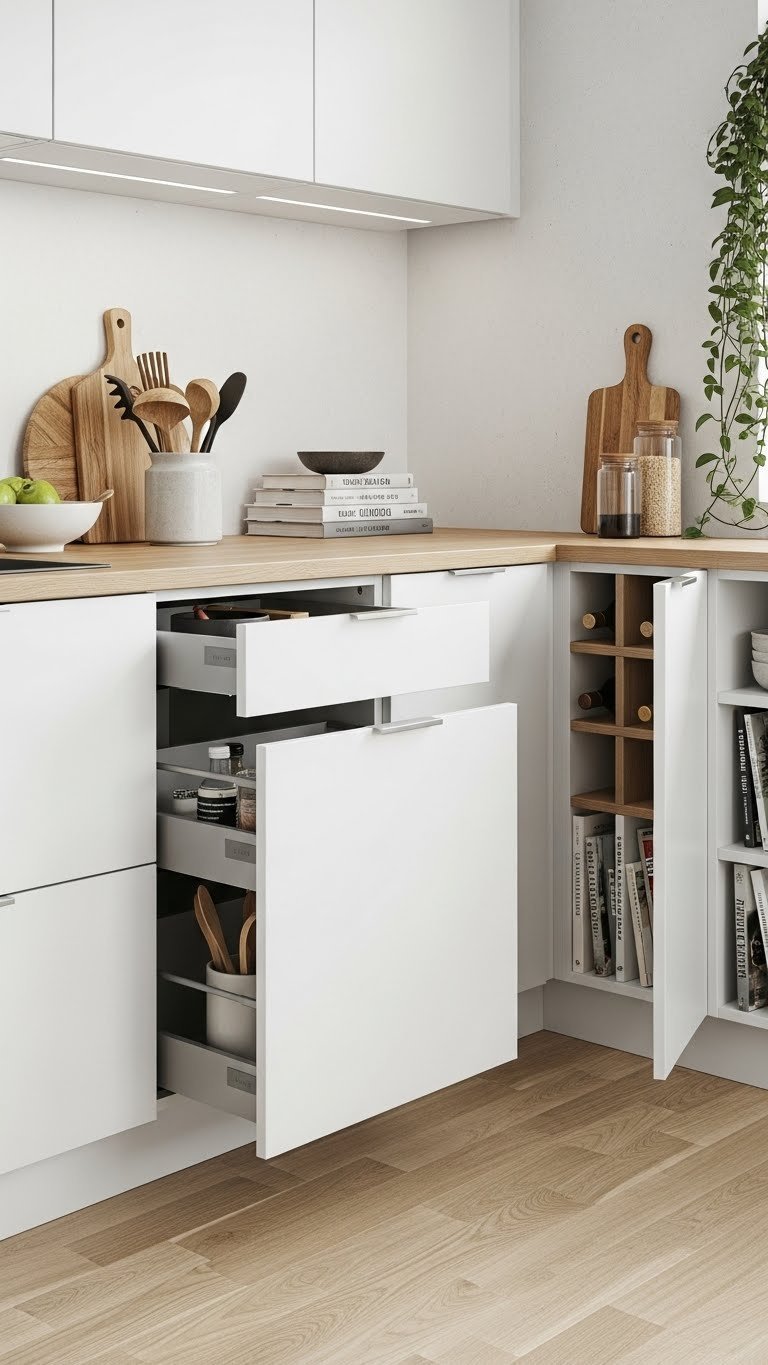 Functional Scandinavian kitchen peninsula featuring handleless storage drawers, cookbooks, and minimalist tools in bright daylight