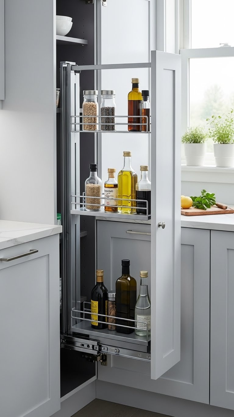 11 Corner Pantry Ideas: Maximize Kitchen Space &Amp; Style 11 Functional blind corner pantry features an extended swing-out organizer, filled with spices and jars.