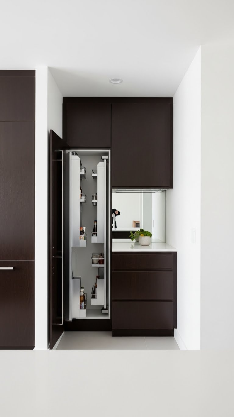 Functional dark brown kitchen for small spaces, featuring floor-to-ceiling cabinets, white walls, and clever vertical storage solutions.