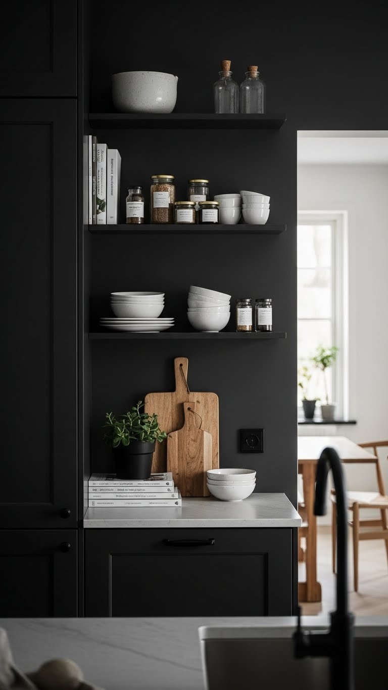 Functional dark scandi kitchen with open shelving displaying minimalist white ceramics and integrated storage.