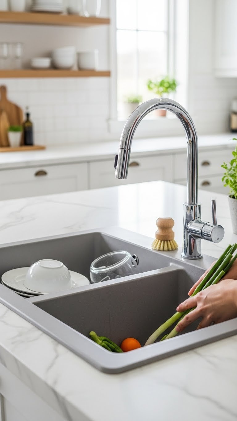 Functional double-bowl composite sink with dishes and vegetables on white marble countertop in organized kitchen scene