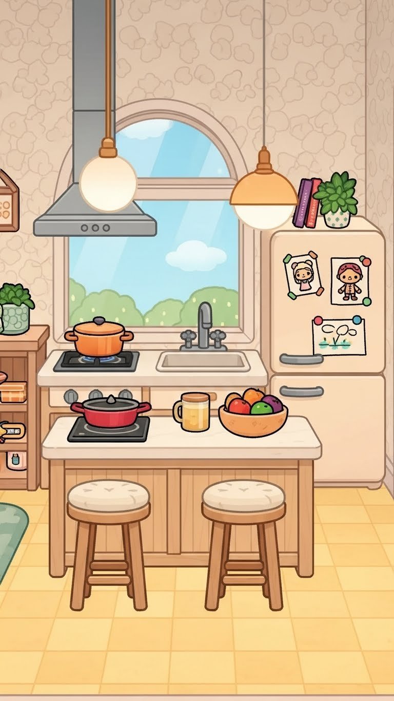 Small Kitchen Ideas Toca Boca: 7 Essential Designs For Creators 13 Functional family kitchen island with cooktop, sink, bar stools, and cheerful yellow tile floor