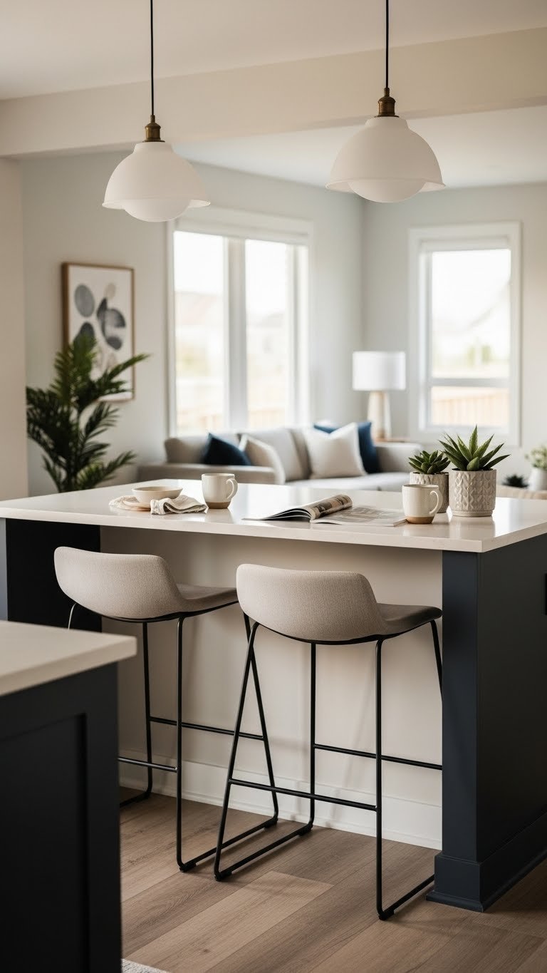 Functional galley kitchen island breakfast bar with two modern bar stools, engineered stone counter, mugs, and a succulent.