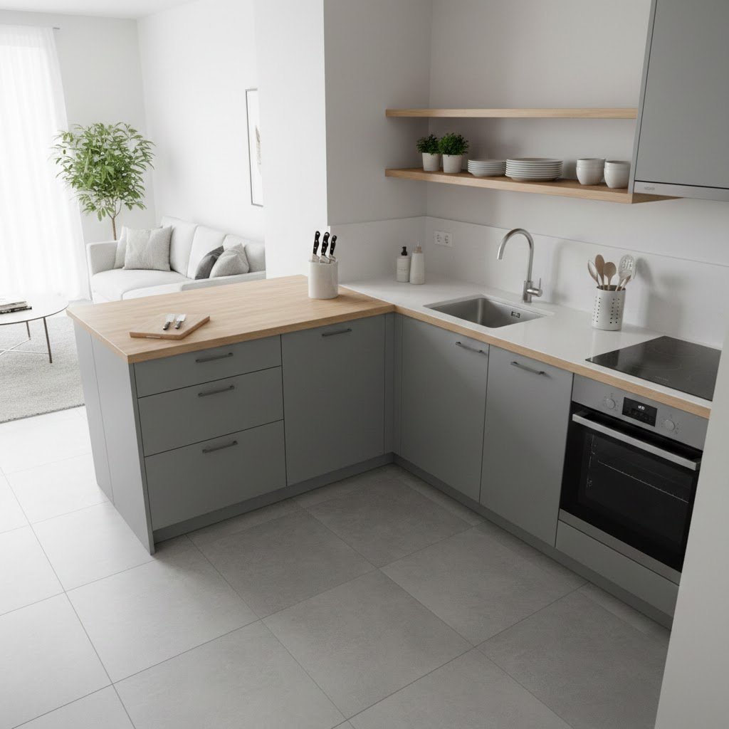 Functional galley or L-shaped small kitchen layout maximizing corner utility with clear pathways