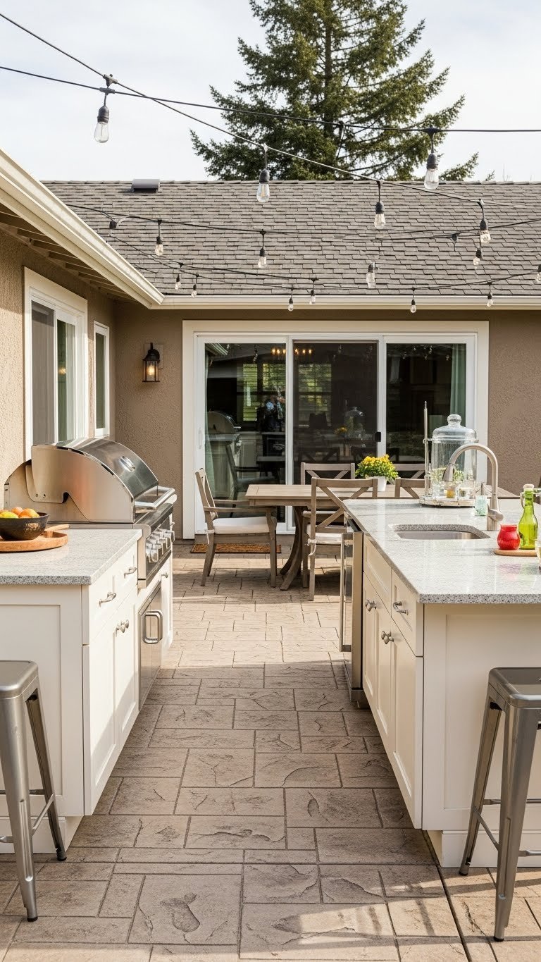 Outdoor Kitchen Layouts: 7 Essential Designs To Maximize Your Space 7 Functional galley-style outdoor kitchen with parallel counters, built-in grill, island sink, and bar seating