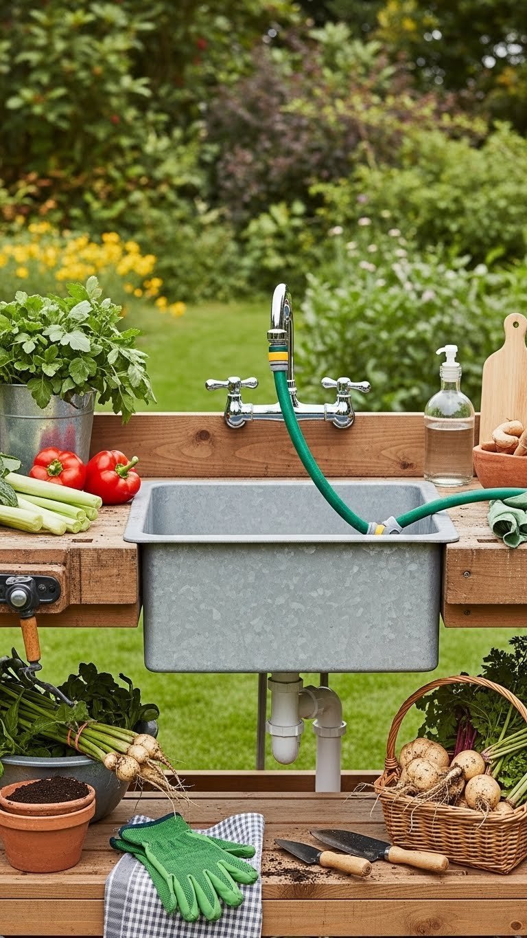 Functional garden prep sink with galvanized metal basin on wooden workbench surrounded by fresh vegetables and gardening tools