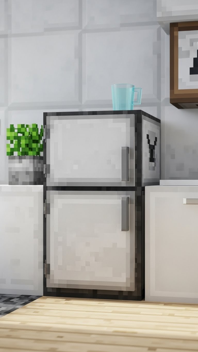 Functional iron block fridge with sleek design and subtle reflections in modern Minecraft kitchen interior