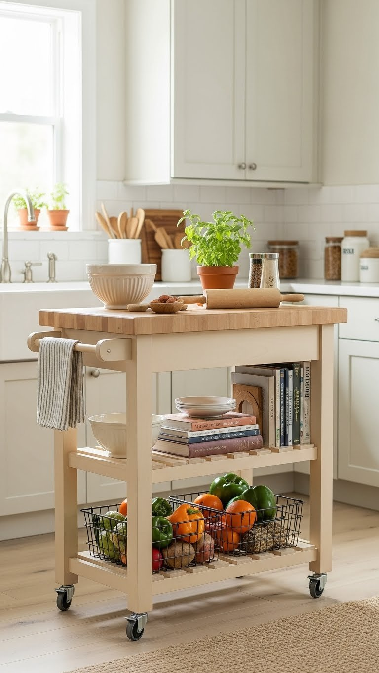 Small Cottage Kitchen: 9 Genius Ideas To Maximize Charm 17 Functional kitchen island cart with butcher block top and produce baskets in small cottage space