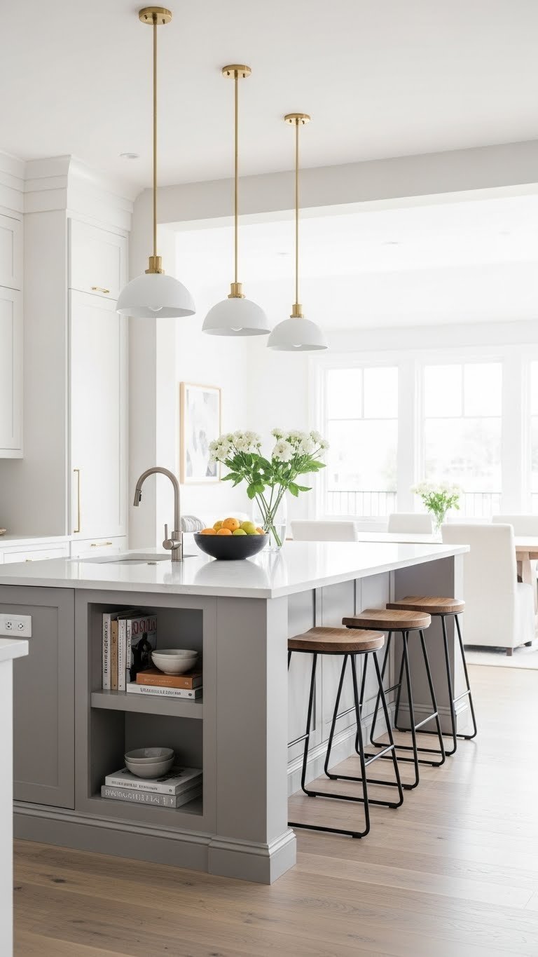 Functional kitchen island with integrated seating, hidden storage, three sleek bar stools, fresh fruit bowl. Efficient open concept design.