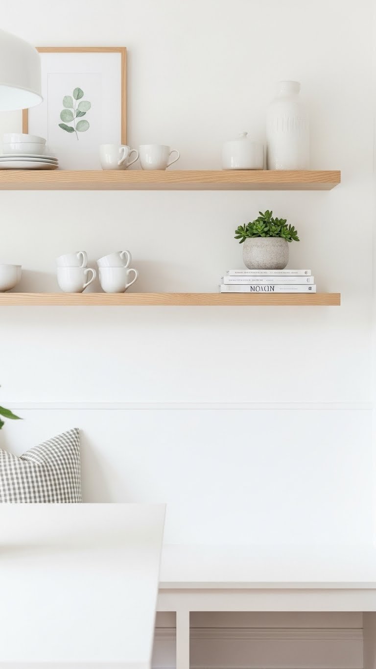 Functional kitchen nook with floating birch shelves displaying ceramic mugs, succulent plant, and cookbooks.