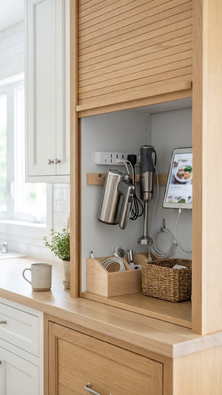 11 Essential Appliance Garage Pantry Ideas To Declutter 19 Functional kitchen: open appliance garage reveals charging station for cordless mixer, blender, and tablet.