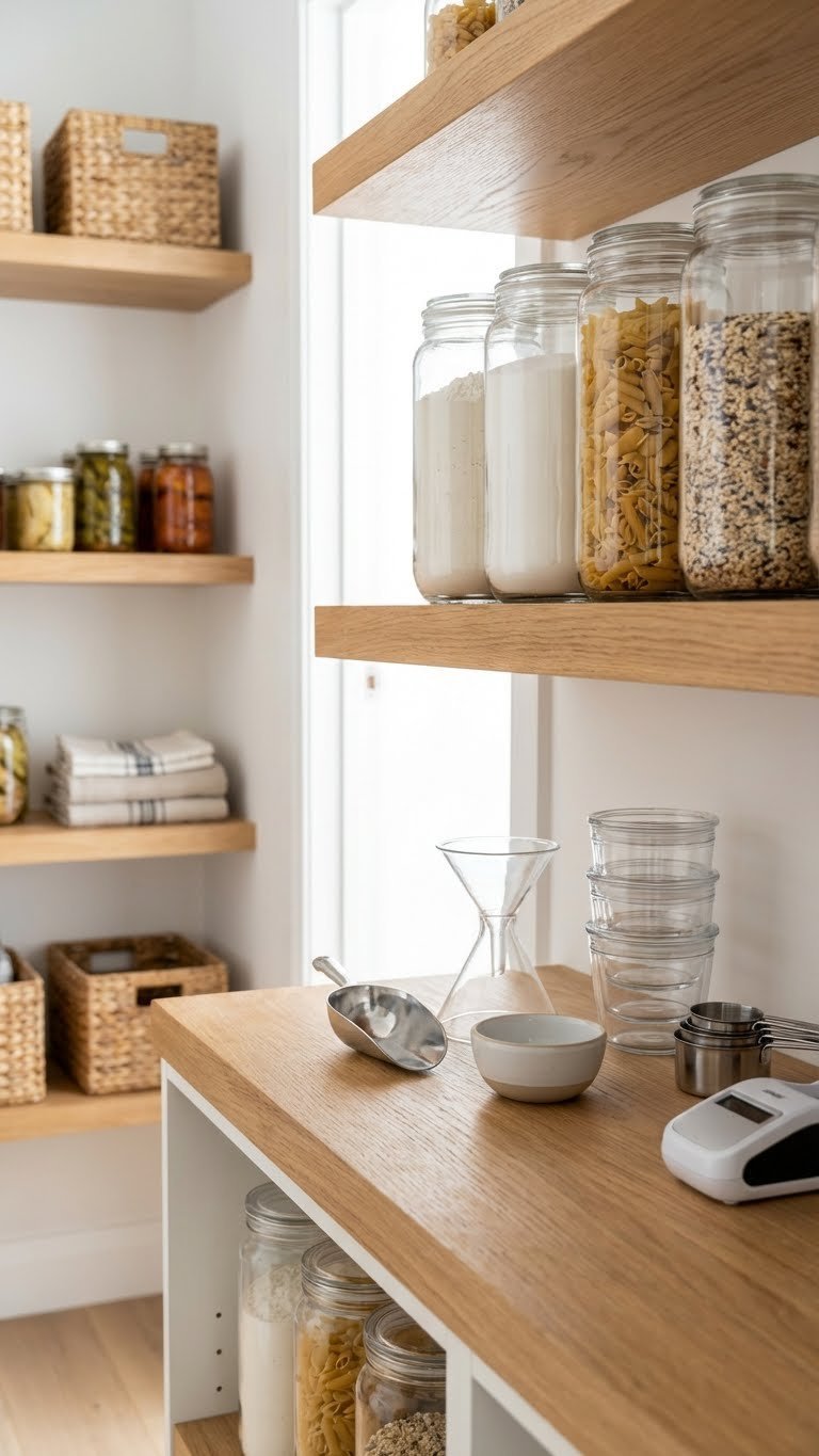 7 Genius Kitchen Pantry Ideas: Convert Your Walk-In Closet 11 Functional kitchen pantry with a bulk storage and decanting station, featuring clear airtight containers filled with dry goods.