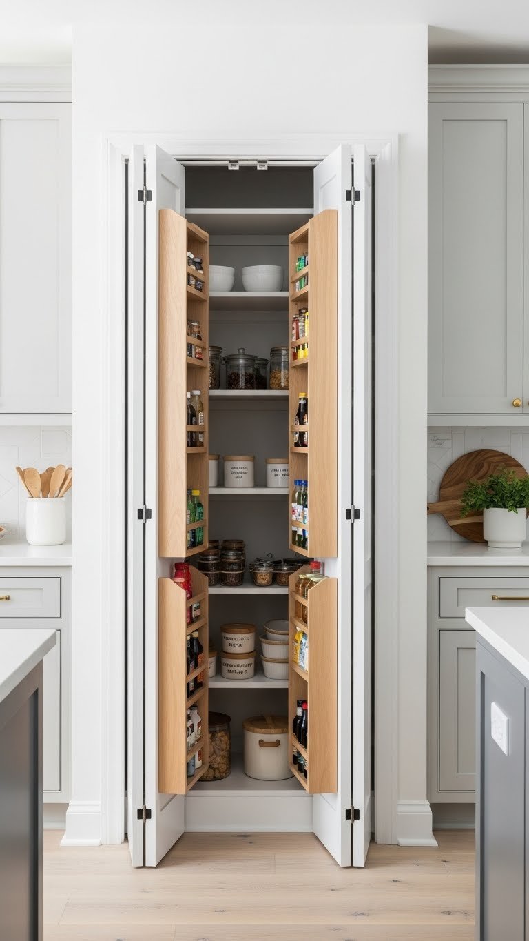 Functional kitchen with a bi-fold pantry door neatly folded back, revealing a well-organized interior.