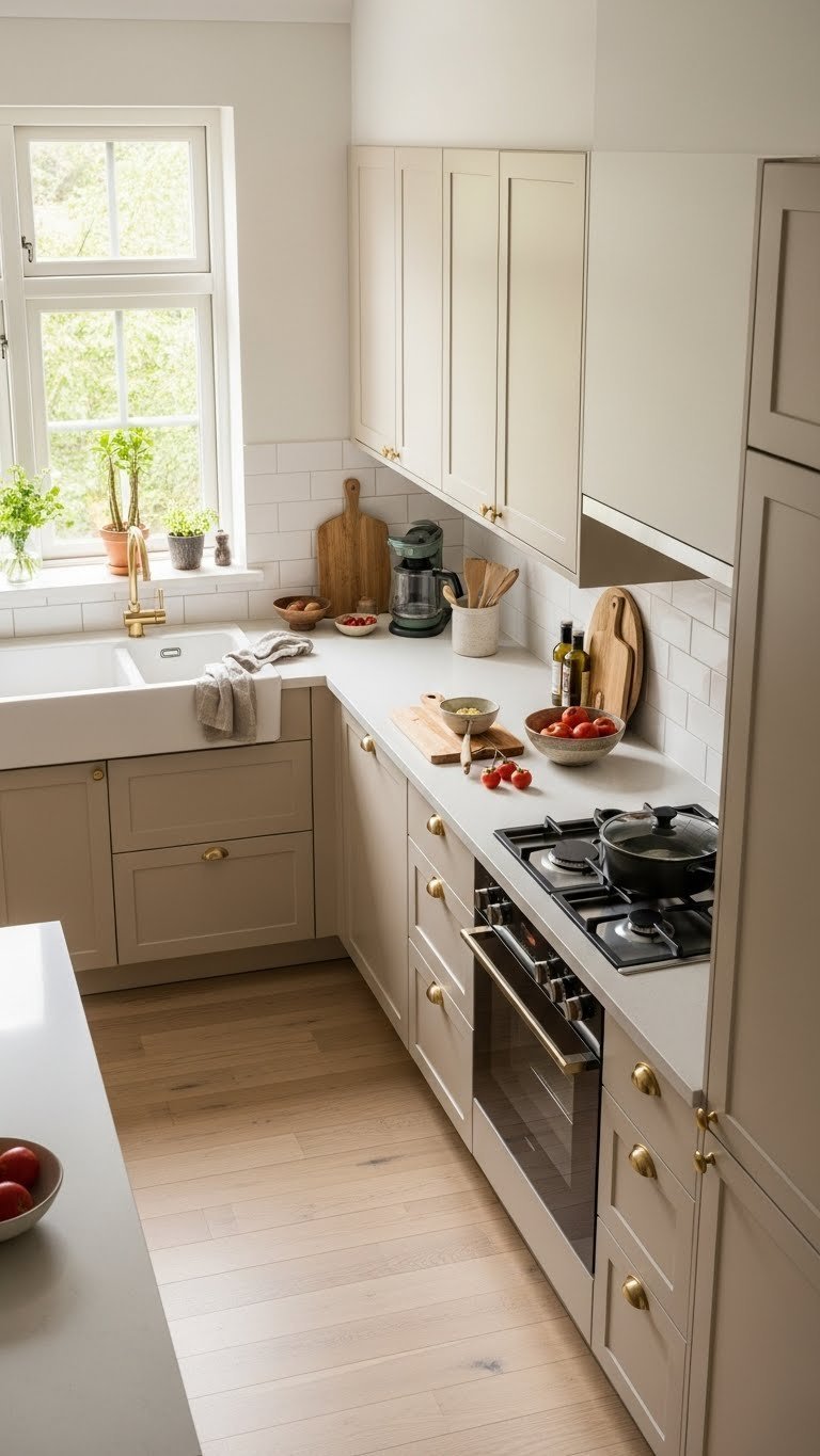 Functional layout of well-organized scandi kitchen with practical workflow zones and beige cabinetry