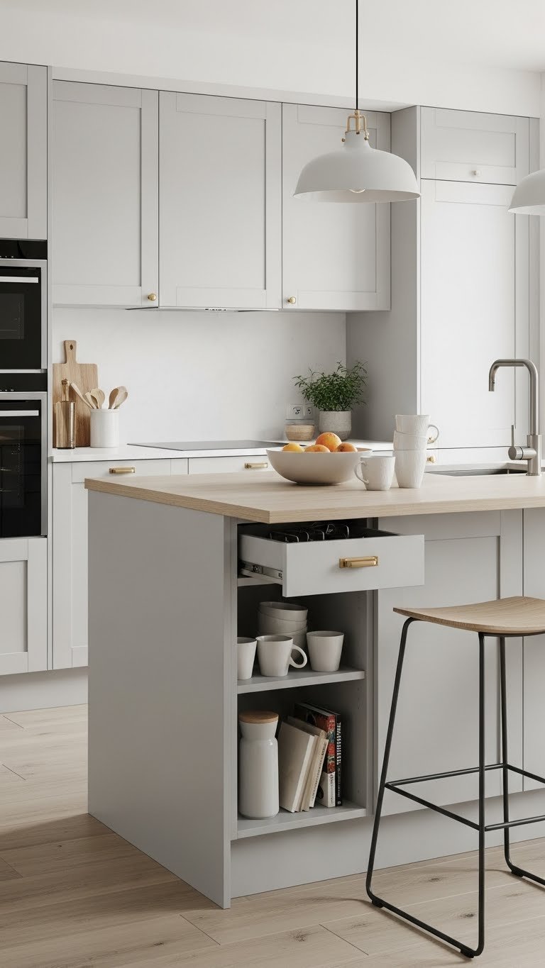 Functional light grey kitchen island with integrated storage, wood countertop, and modern bar stools in bright daylight setting.