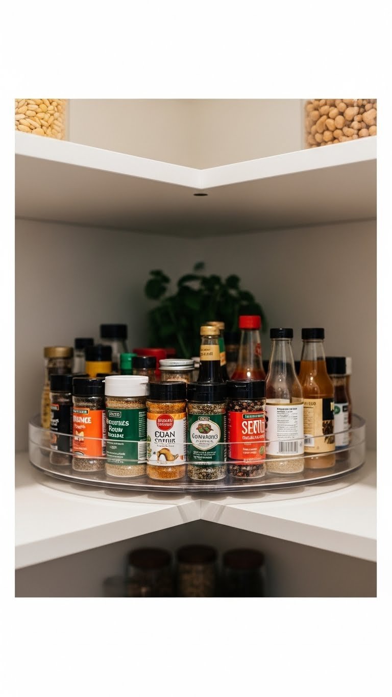 11 Pantry Closet Ideas: Transform Small Spaces, Organize Smarter 11 Functional pantry shelf features clear acrylic Lazy Susan, organizing spice jars and condiments for efficient access.