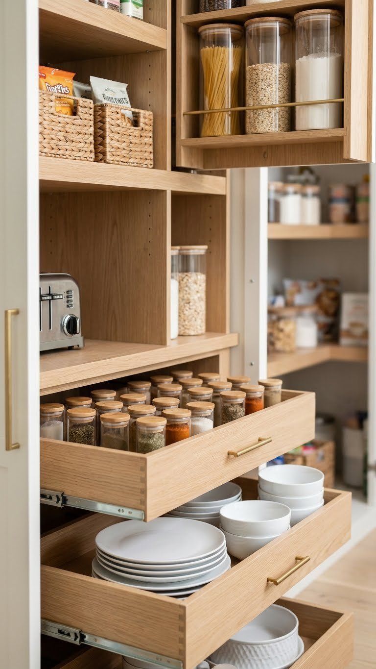 Functional transitional pantry cabinet featuring light wood pull-out drawers and adjustable shelves filled with organized dry goods and spices.