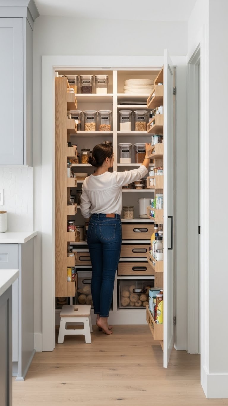 11 Smart Kitchen Cabinet Pantry Ideas For Ultimate Organization 15 Functional walk-in pantry nook converted from a closet, with a person accessing custom shelves, clear bins, and organized spice drawers.