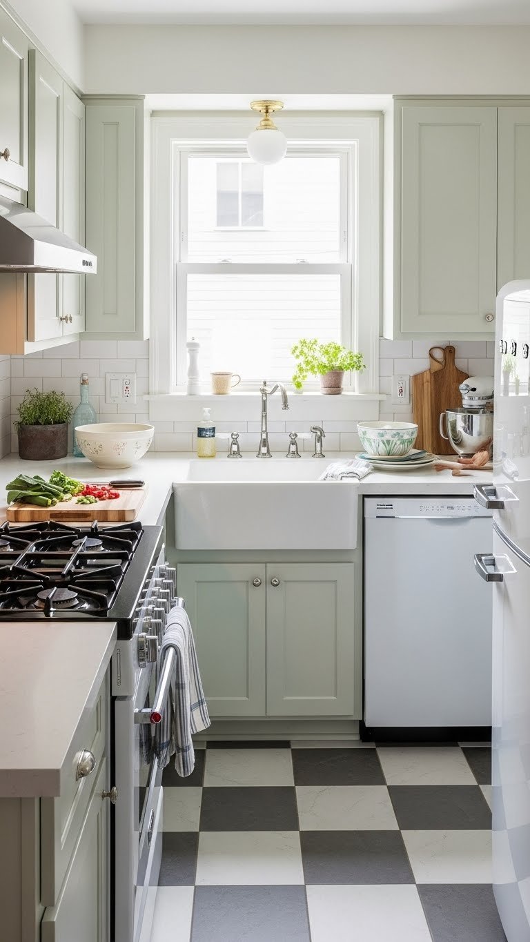 Functional work triangle in compact vintage kitchen with range, apron sink and retro refrigerator layout