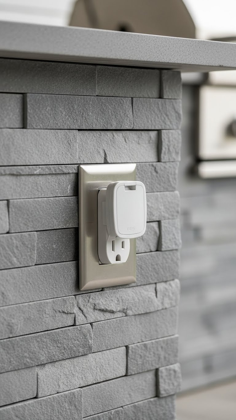 GFCI outdoor electrical outlet with weatherproof cover mounted on stone kitchen island surface