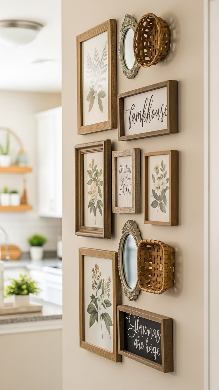 Gallery wall with rustic art including botanical prints, distressed wooden signs, and vintage mirrors in farmhouse kitchen.