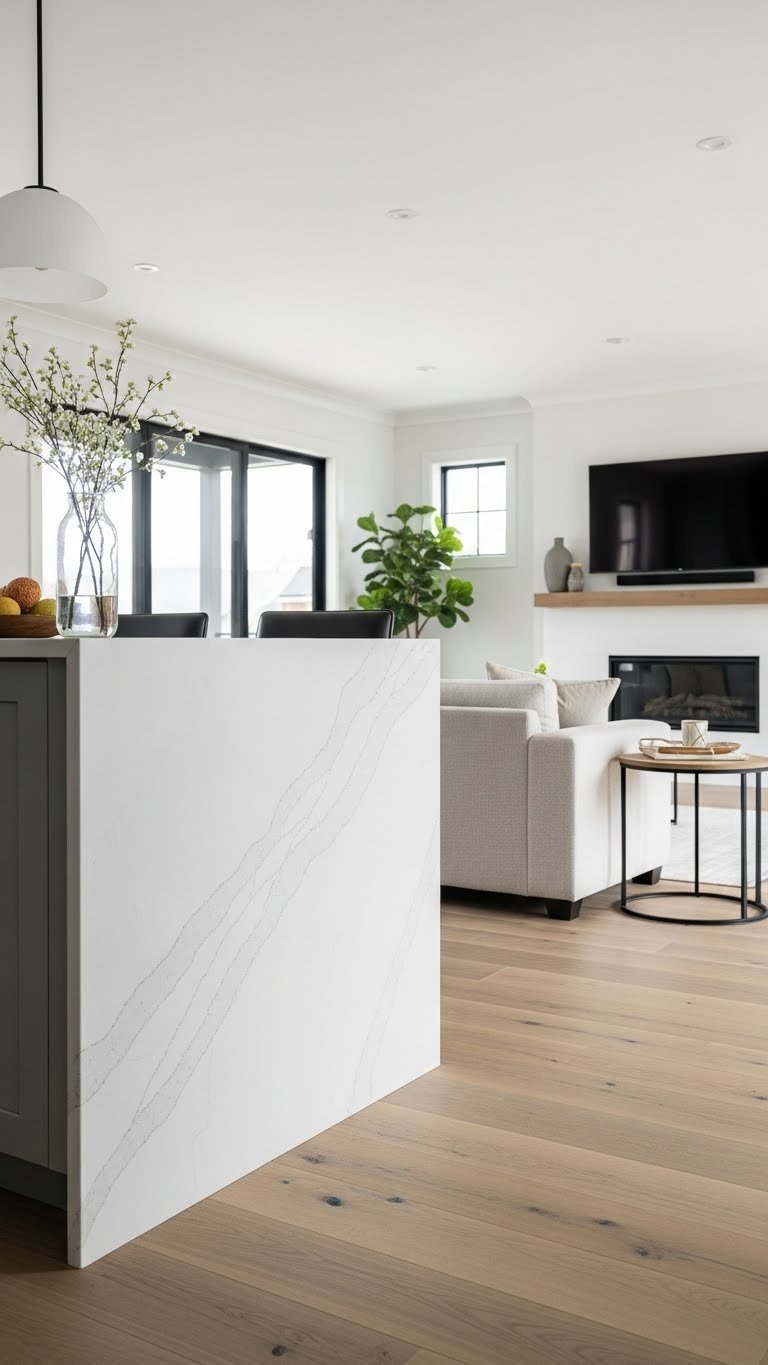 Galley kitchen island with a dramatic white engineered stone waterfall countertop, visually connecting to the modern living room.