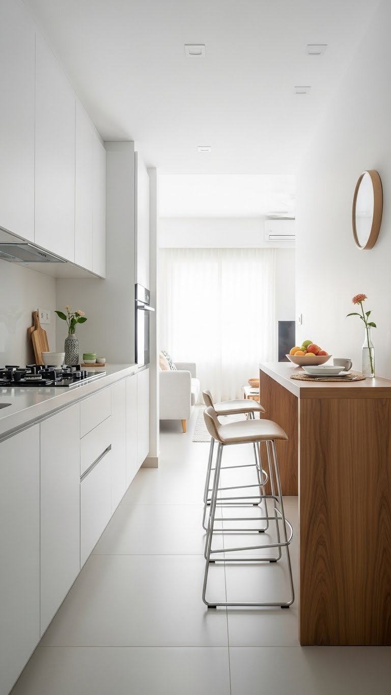 Galley kitchen with breakfast counter and white minimalist cabinets featuring wood accents in modern Kerala home.